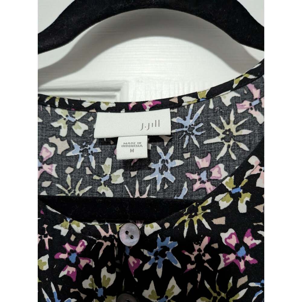 J. Jill Floral Rayon Blouse Top Medium M Black Tunic Long Sleeve Henley Button - Picture 2 of 8
